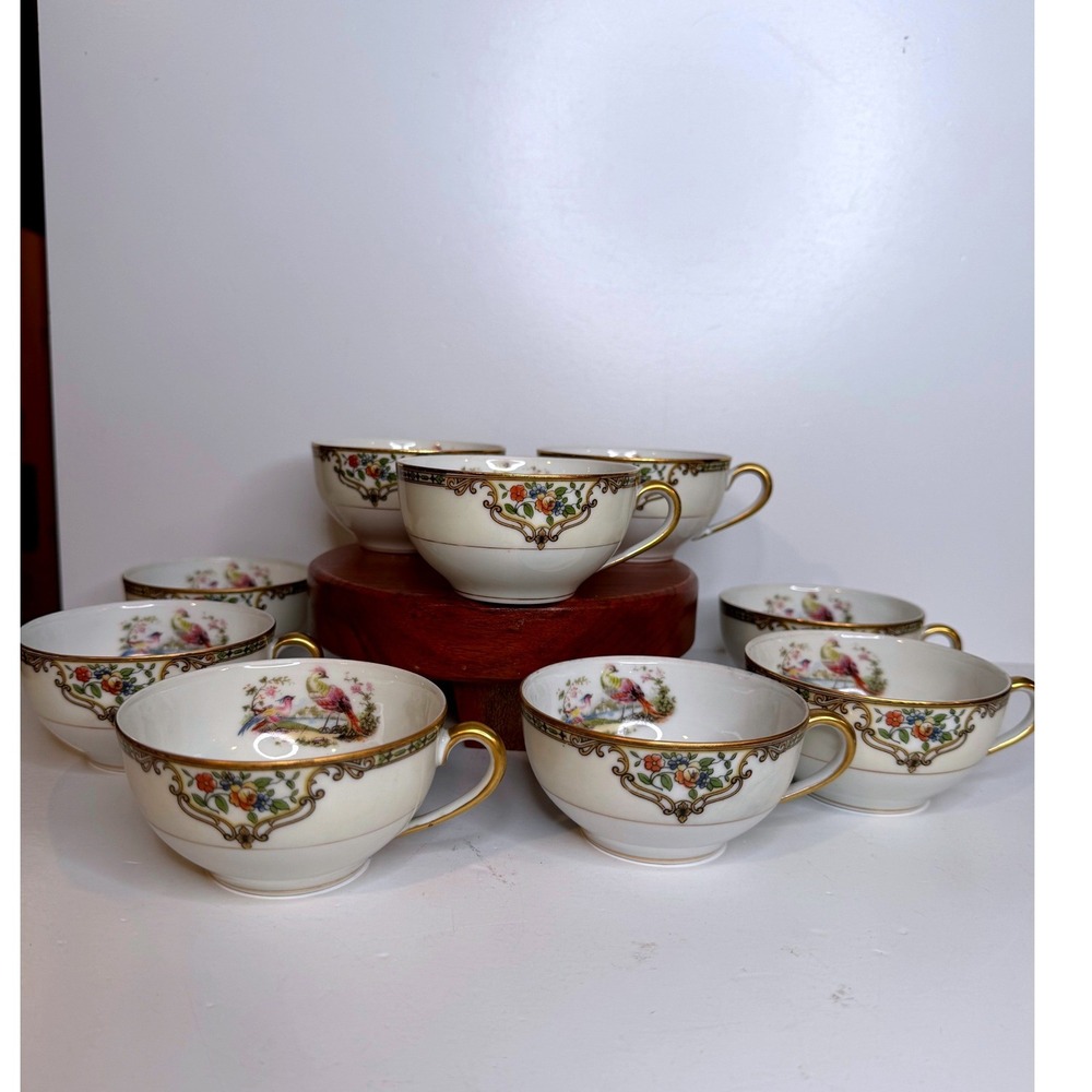 Vintage Noritake Chelsea 71432 Floral Teacups Set of 9 Gold Trim Japan
